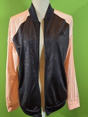 Adidas Track Jacket Womens MEDIUM Black Shiny Roses Peach Coral Full Zip Pockets